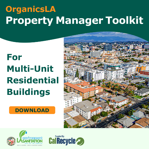 OrganicsLA Property Manager Toolkit cover featuring an aerial view of a residential city neighborhood. Text: For Multi-Unit Residential Buildings